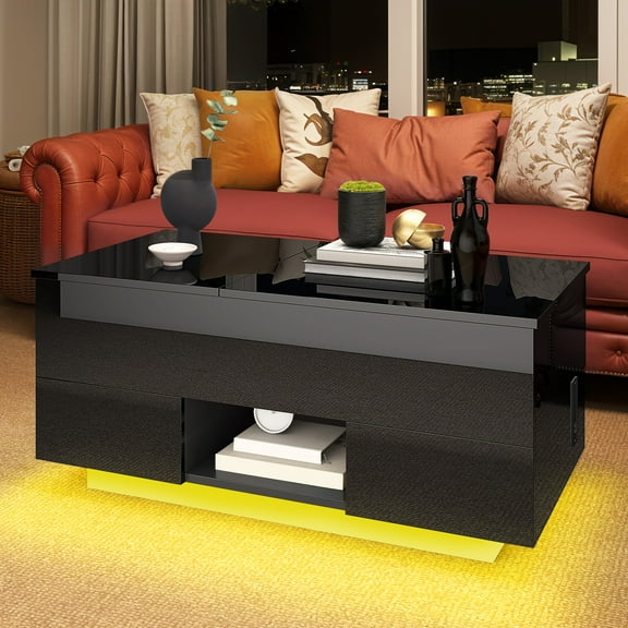 ModFusion Modern LED Coffee Table with Lift Top, Power Outlets & Storage for Living Room, Black