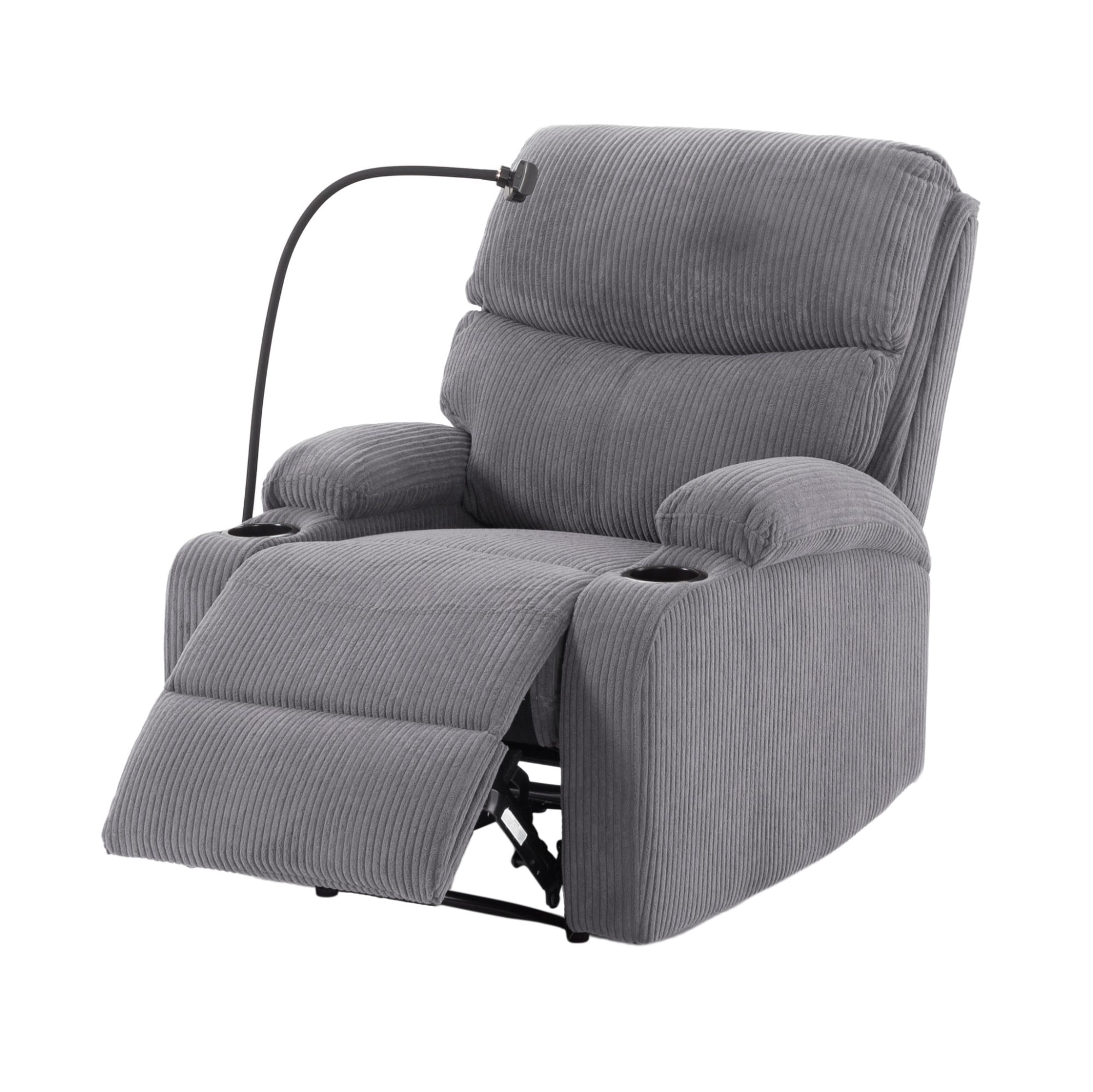 Gewnee Light Grey Corduroy Manual Push Back Recliner Chair,Recliner Armchair with Phone Holder & Cup Holders,Single Sofa for Home,Office.