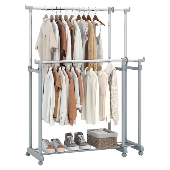 Double Rod Clothing Rack, Heavy-Duty Metal Garment Rack with Extendable Height & Width, Adjustable Rolling Closet Rack for Hanging Clothes with Wheels for Dressing Room, Laundry, Living Room