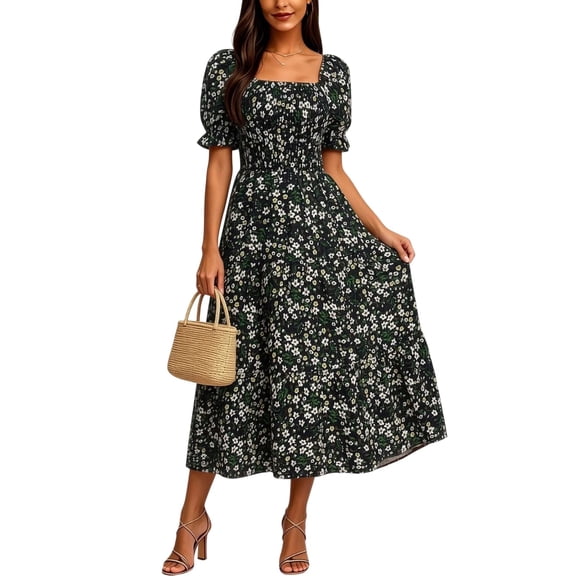NTACZA Womens Dresses Tiered Hem Daisy Floral Casual Sundress Maxi Short Sleeve Square Neckline Ruched Waist A-Line Beach Size L