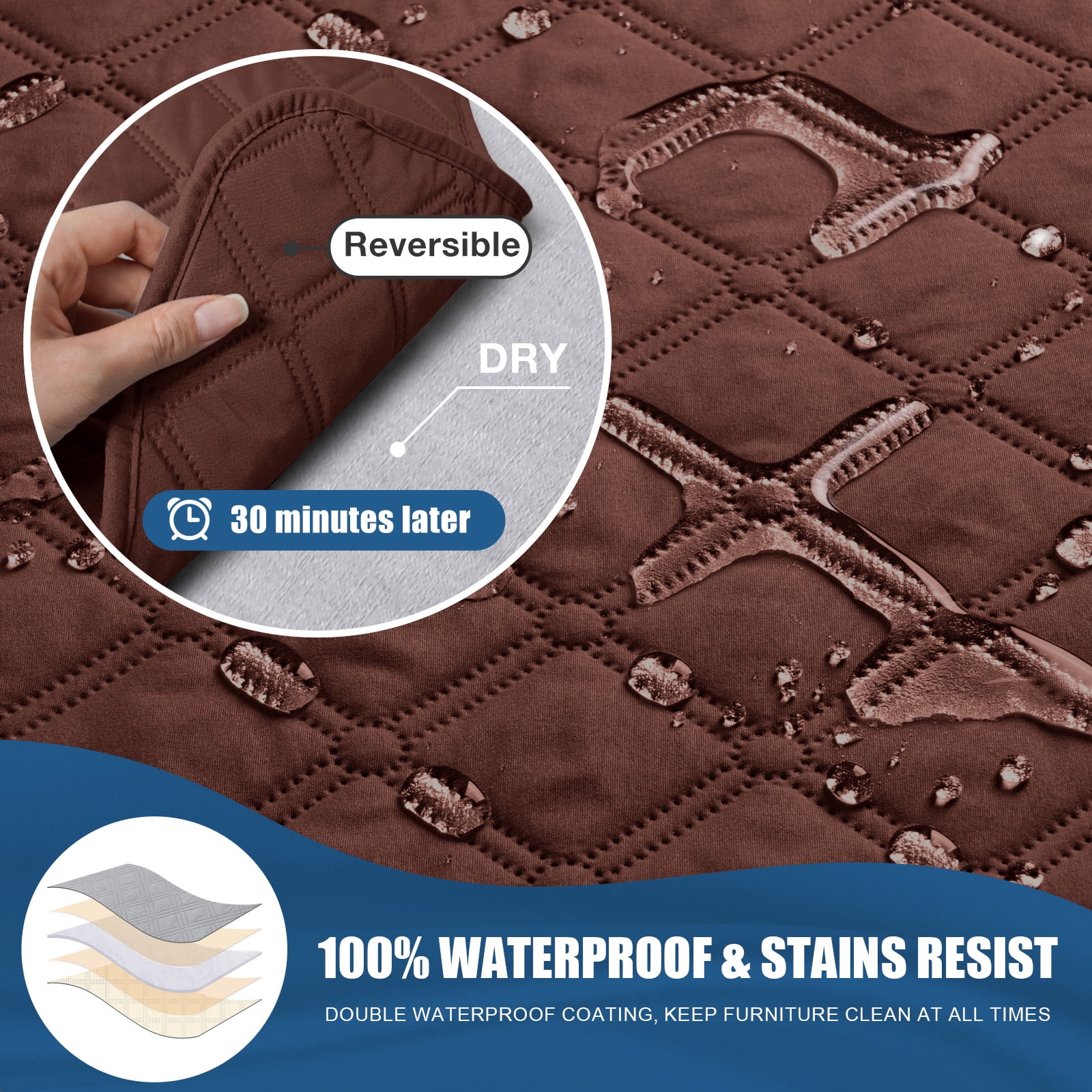 Timeles Waterproof Recliner Covers, Recliner Chair Covers with Leg Straps, Reversible Recliner Couch Cover for 1 Seat Reclining Sofa, Washable Chair Protector for Pets Kids(1 Seater 22", Coffee)