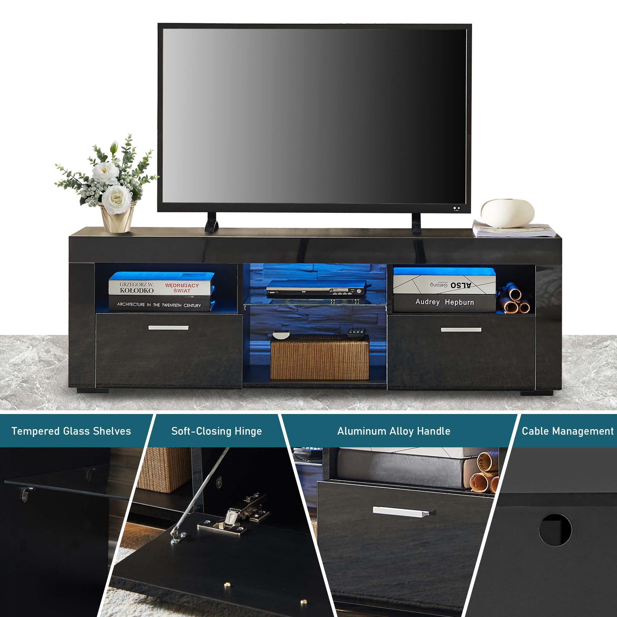 Aukfa Modern LED TV Stand for 55 inch TV, High Gloss TV Cabinet for Living Room - Black