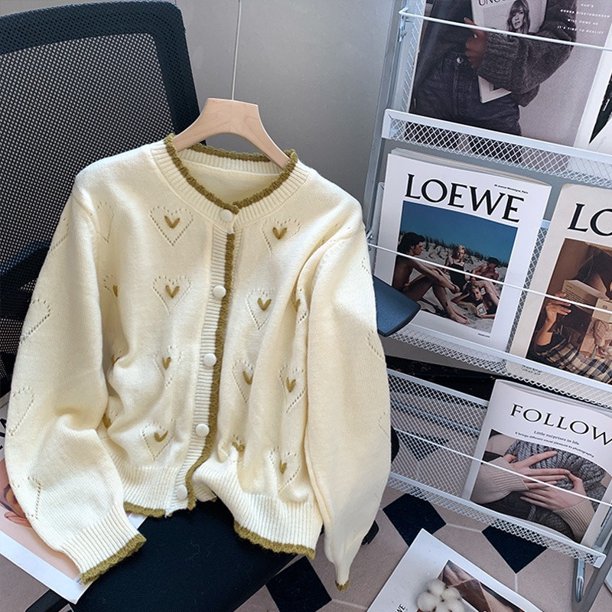 Primavera y otoño nuevo estilo para mujer estilo japonés y coreano dulce reductor de edad versátil hueco amor contraste cuello de encaje chaqueta de mujer top de moda