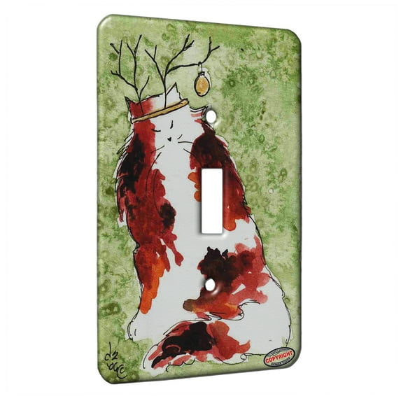 KuzmarK™ Single Gang Toggle Switch Wall Plate - Calico Maine Coon Reindeer Kitty Christmas Cat Art by Denise Every