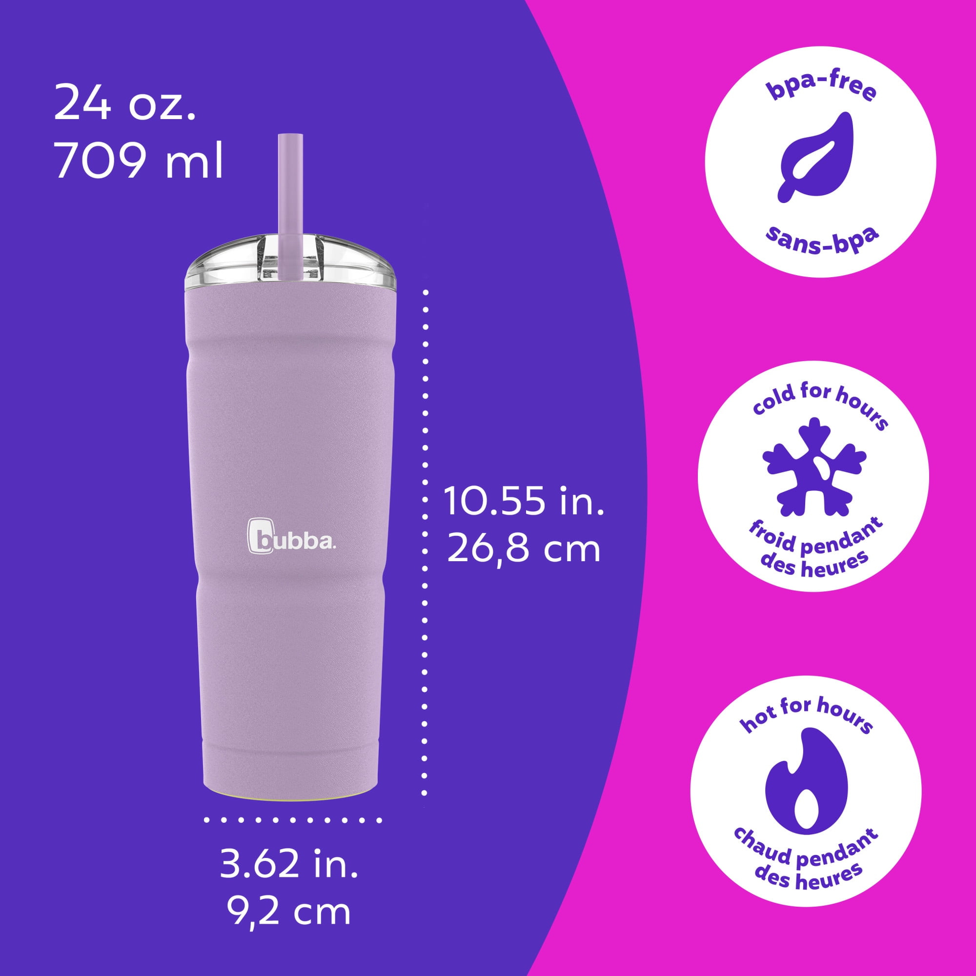 bubba Envy S Tumbler, Insulated Stainless Steel Water Bottle with Straw Lid, Lavender Frost, 24 oz (709 ml)