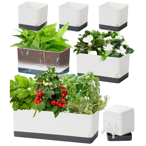 Self Watering Planters Pots for Indoor Plants, 7 Pack 4 8 17 Inch Plastic Window Boxes Planters Herb Planter, Rectangle Rectangular Planter Windowsill Planters with Drainage and Saucer