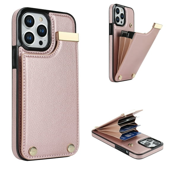 Mantto for iPhone 16 Pro Max Back Wallet Case with Card Holder, Magnetic Clasp 3 Card Slots RFID Blocking Premium PU Leather Shockproof Anti-Scratch Wallet Phone Case for iPhone 16 Pro Max, Rosegold