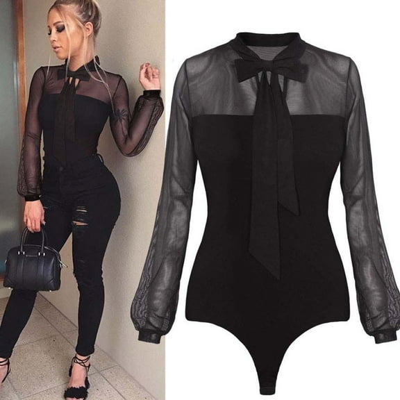 Riforla Women Transparent Tops Bodycon Long Sleeve Jumpsuit Women's Bodysuit Black L