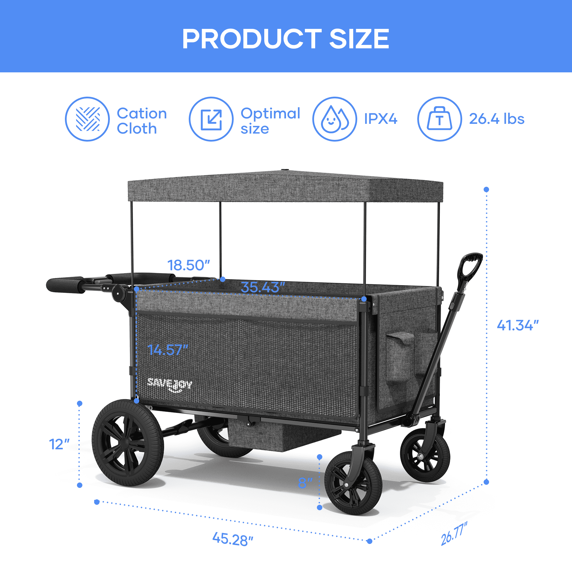 SaveJoy Wagon Stroller, Collapsible Stroller Wagon for 4 Passenger with Adjustable Canopy & 5-Point Harness, Grey