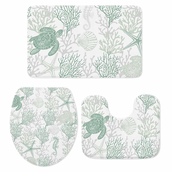 Green Coastal Bath Mat 3 Piece Bathroom Rug Set, Sea Turtle Nautical Coral Summer Beach Non Slip Bath Rug Contour Mat and Toilet Lid Cover, Absorbent Shower Mats Soft Bath Rugs and Mats Sets