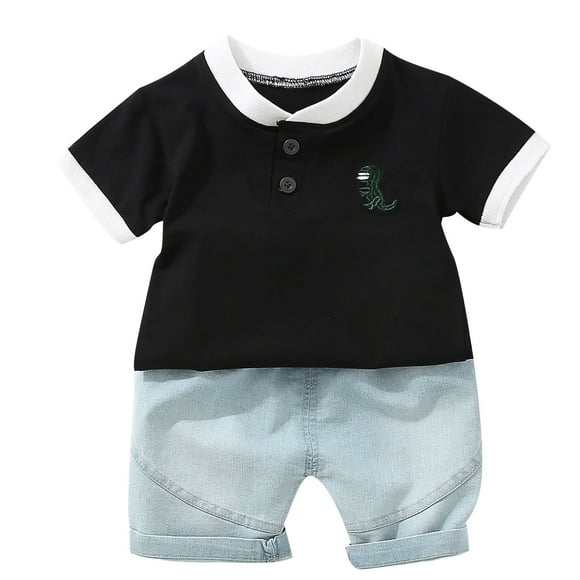 FFENYAN Dinosaur Embroidered Short-Sleeved Shirt & Denim Shorts Set for Boys - Lightweight Dinosaur Shirt Set - Perfect for Casual Wear Playdates and Everyday Adventures for 1-8 Years