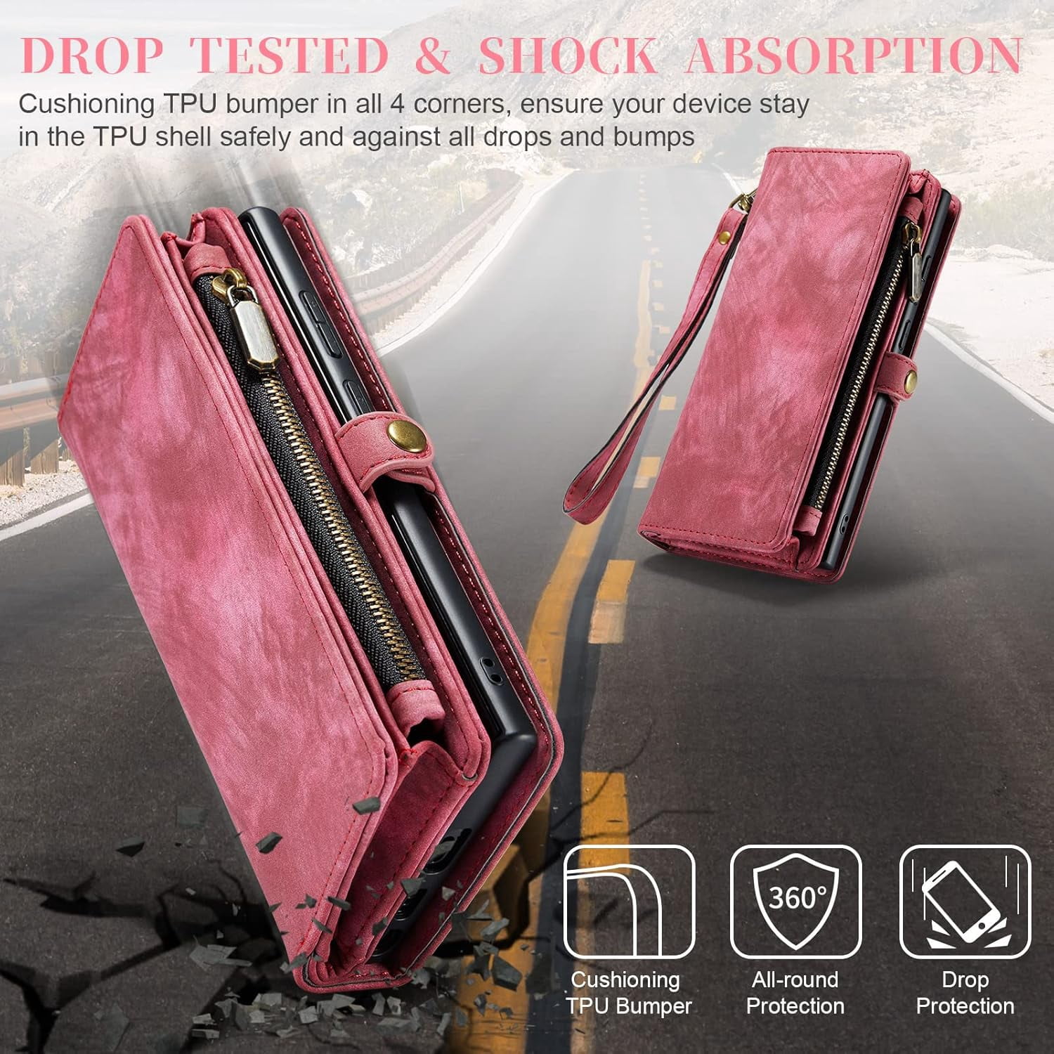 Phone Case for Samsung Galaxy S22 Ultra 5G Zipper Wallet Cover with Tempered Glass Screen Protector and Flip Cash Card Holder Cell Accessories Gaxaly S22ultra 22S S 22 22ultra G5 Women Men Red
