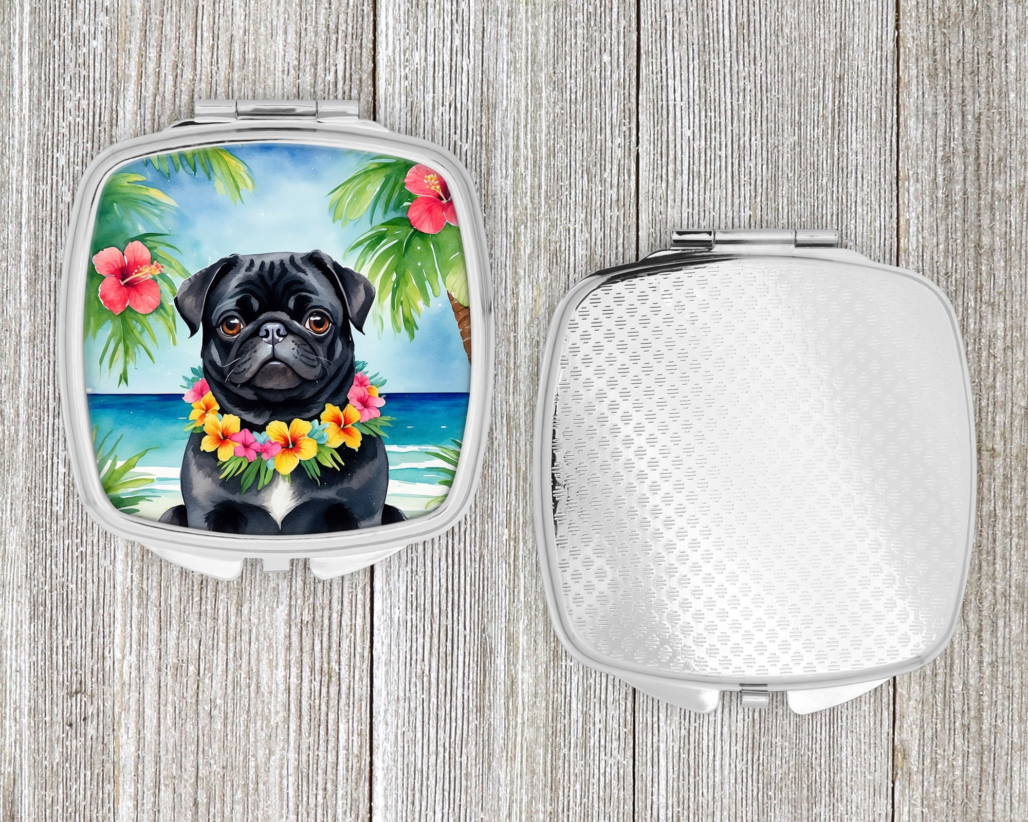 Black Pug Luau Compact Mirror 2.75 in x 3 in