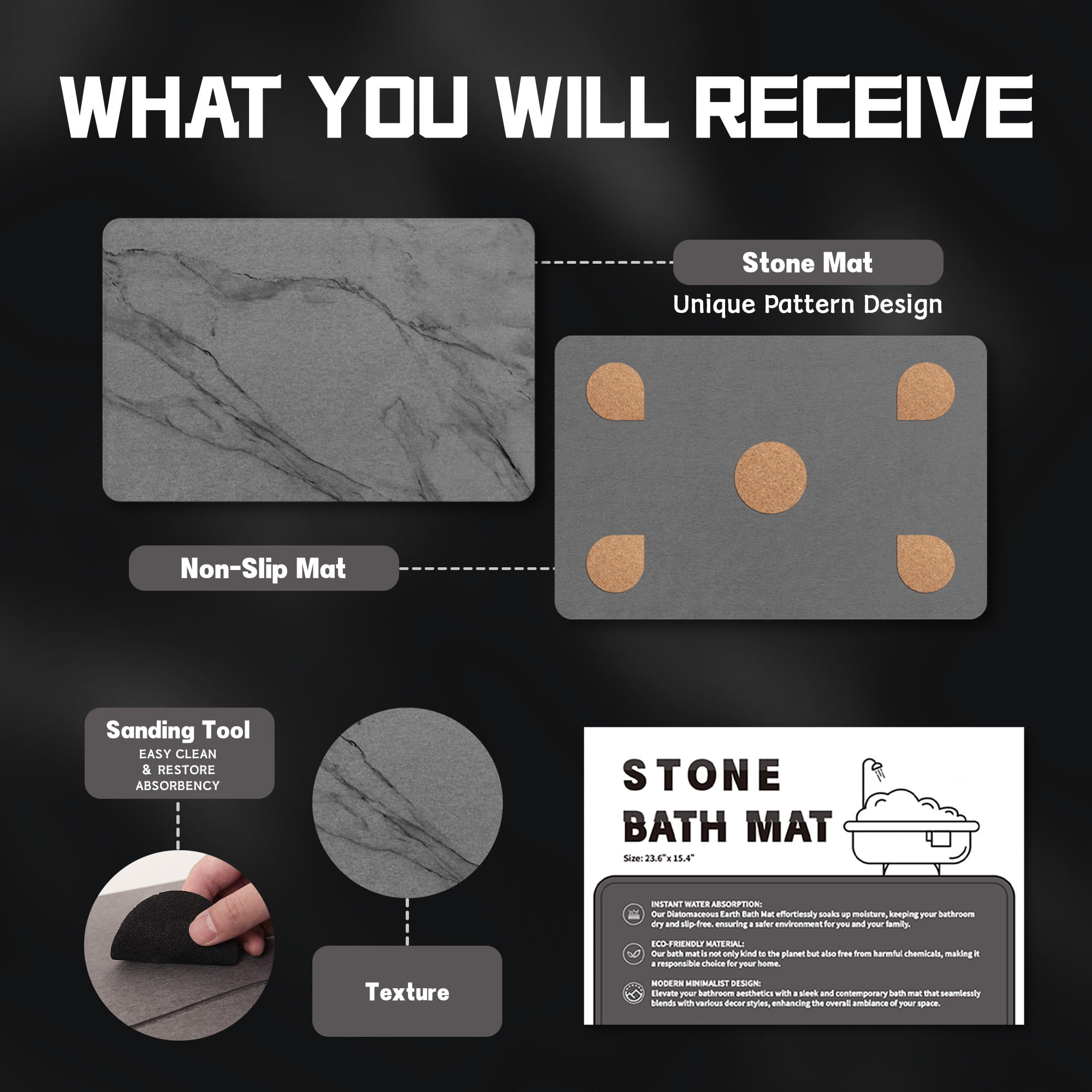 Stone Bath Mat Diatomaceous Earth Shower Mats Super Absorbent Diatomite Stone Bath Mats for Bathroom Quick Drying(23.6''×15.4" Gray Marble)