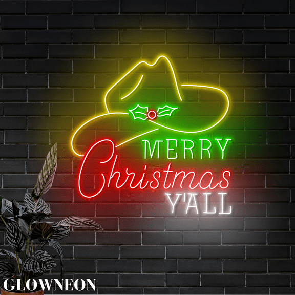 Glowneon Merry Christmas Y'all Led Wall Art, Cowboy Bar Xmas Wall Art