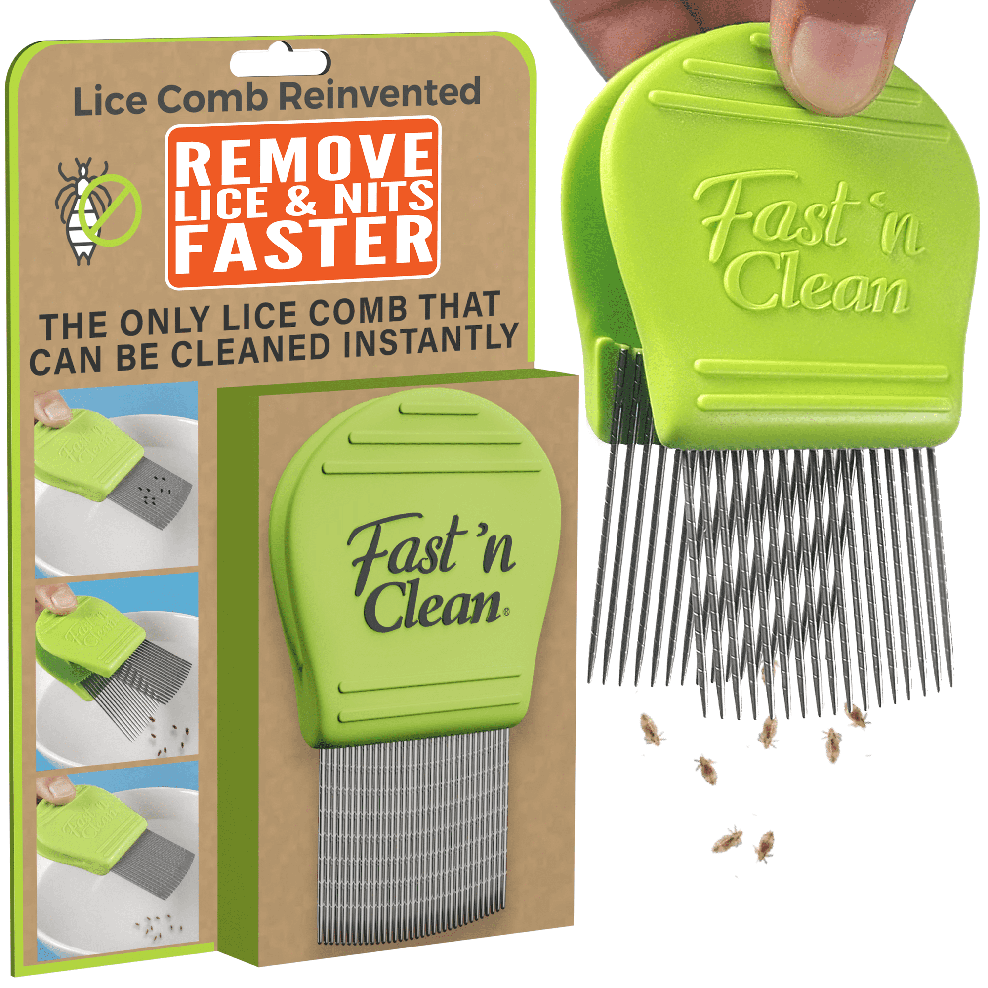 Fast 'n Clean Self-Cleaning Lice Comb for Kids & Adults, Stainless Steel Nit Remover