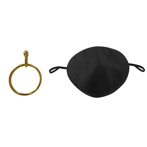 Nicky Bigs Novelties Caribbean Pirate Gold Clip-On Hoop Earring Black Satin Eye Patch Accessory Set