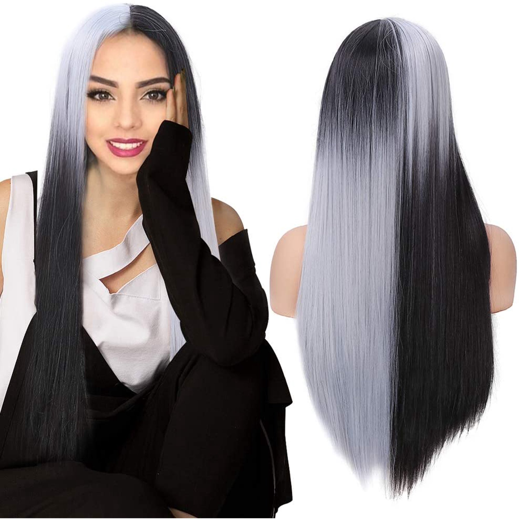 Long Straight Hair Wigs 24 Inches Fashion Omber Half White Half Black Wig Silky Synthetic Hair Wigs For Women Daily Cosplay Walmart Canada