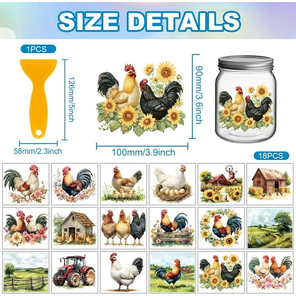 18 Sheets Farm Chicken Transfer Stickers 3.9x3.6inch Rooster Colorful Transfer Decal House Truck Rub on Transfer for Furniture Vase Glass Art Crafts Decorations