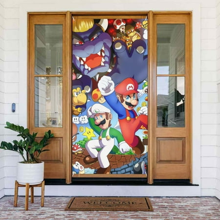 Luigi Mario Bros. Movie Door Cover Decorated Banner Tapestry Home Decoration Holiday Party Supplies Door Banner Porch Sign Banner 72.8 x 35.4 Inch