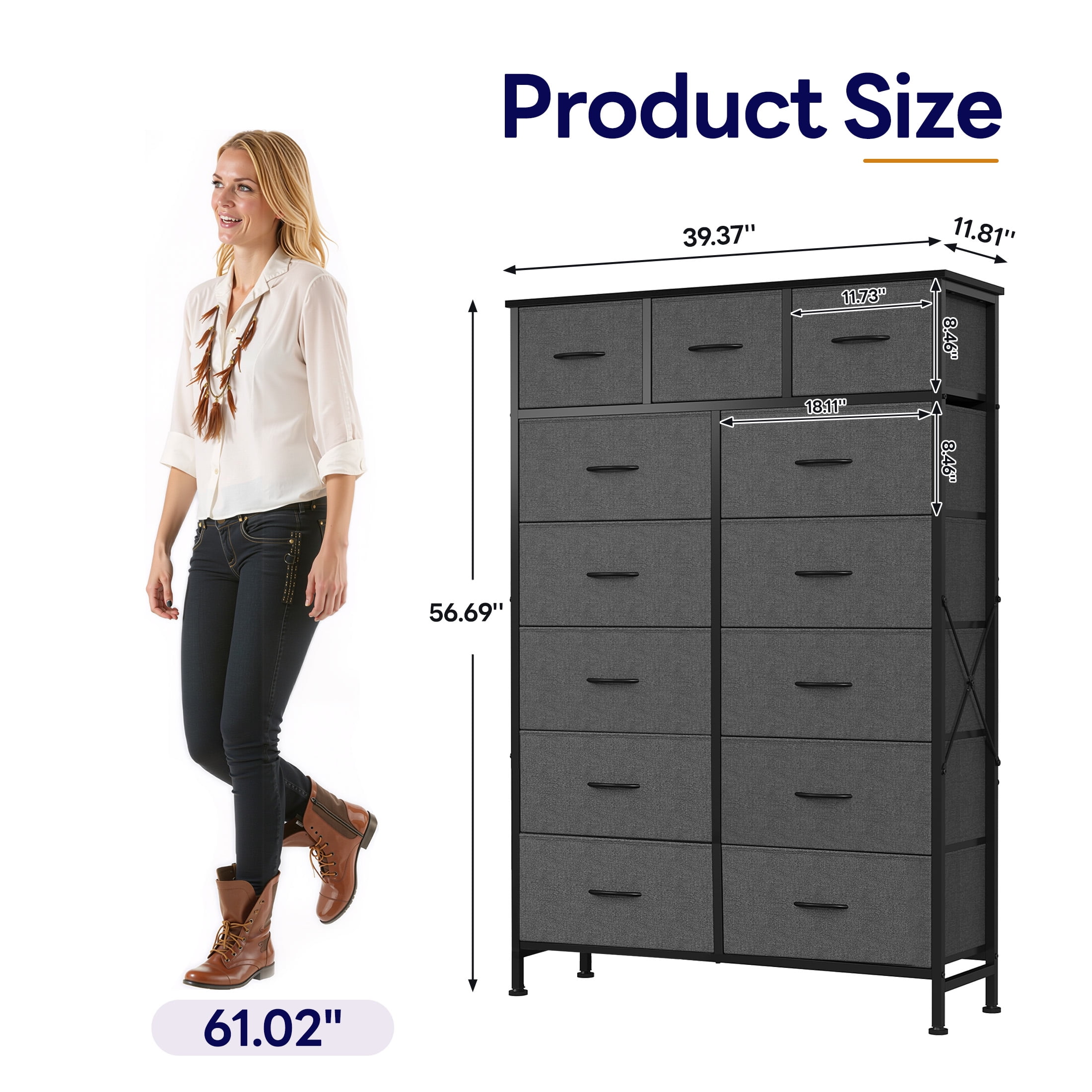 edx 13-Drawer Fabric Dresser, Sturdy Steel Frame Storage Cabinet for Bedroom Closet Clothes, Gray