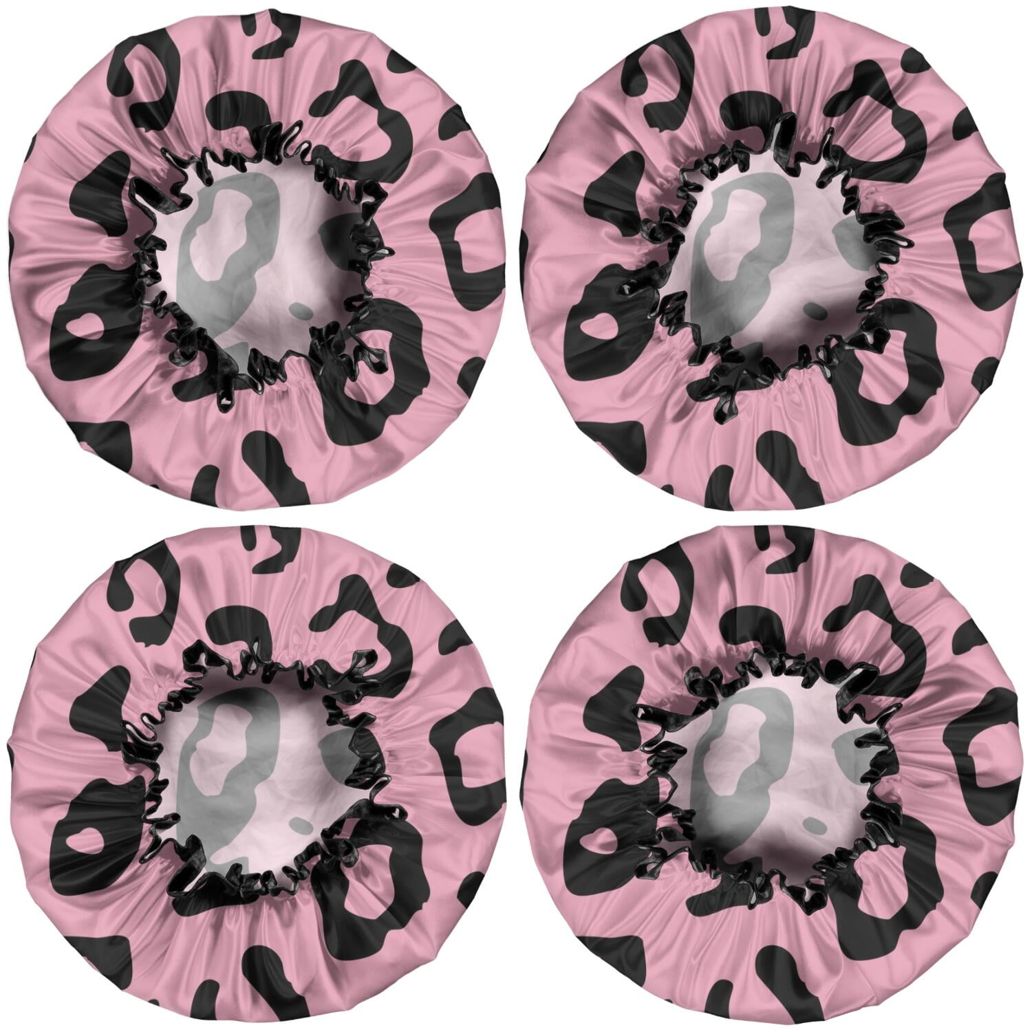 Shower Caps,Pink and Black Of Leopard Print Waterproof Shower Cap for Women 4 Pieces,Double Reusable Hair Cover for Shower PEVA Elastic Stretch Hem