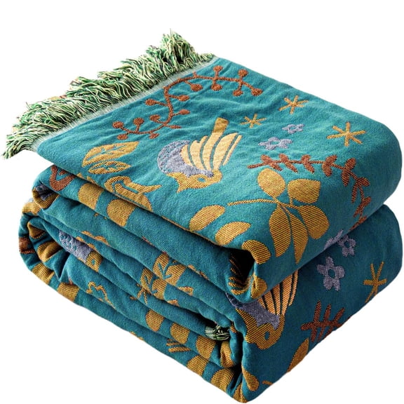 AUQ Boho Throw Blanket 60"X80" 100% Cotton Bird Quilt for Bed&Couch 100% Cotton Throw,Bird Quilt Design,Muslin Blanket,Summer Breathable,Farmhouse Decor,Lightweight,Machine Washable