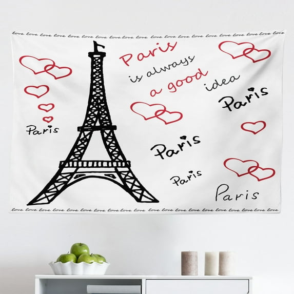 Eiffel Tower Tapestry, Lettering in Heart Modern Europe Dream Tour Sketch Illustration, Fabric Wall Hanging Decor for Bedroom Living Room Dorm, 2 Sizes, Cream Pink Black, by Ambesonne