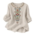 thumbnail image 3 of Embroidered Cotton Linen Shirts Puff Sleeve Peasant Tops Boho Clothes for Women Floral Blouses Embroidered Tops 3/4 Sleeve Gauze Boho Tops Casual Bohemian Shirts Linen Shirts for Women Beige 3XL, 3 of 4