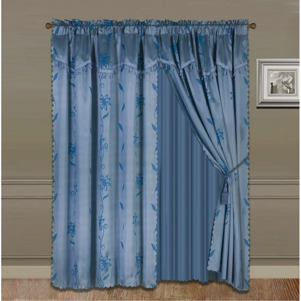 NADA SLATE BLUE COMPLETE WINDOW CURTAIN SET 2 panels faux silk LEAF