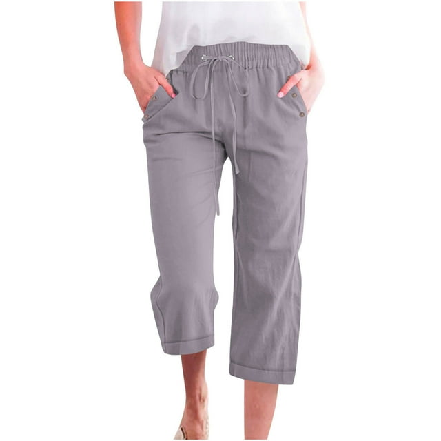 New Summer Womens Wide Leg Linen Capris, Solid Color Casual Drawstring Elastic Cropped Pants Straight Leg Trousers with Pocket Gray XXL