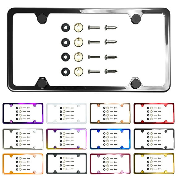Slim 4 Holes Style Powder Coated Black Chrome Stainless Steel License Plate Frame with Aluminum Screw Cap