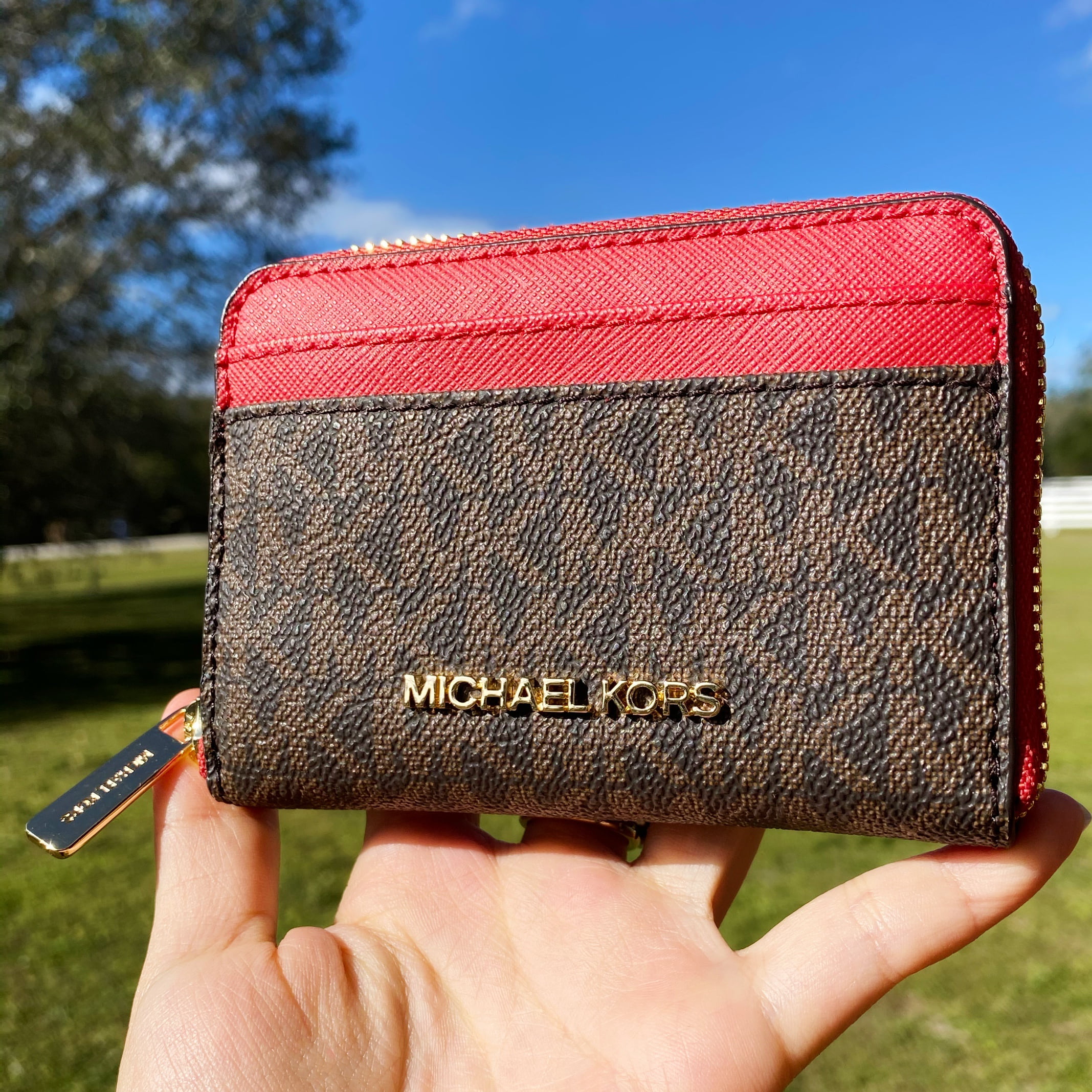 Michael Kors Jet Set Travel Zip Around Card Case Wallet Brown Mk Flame Red