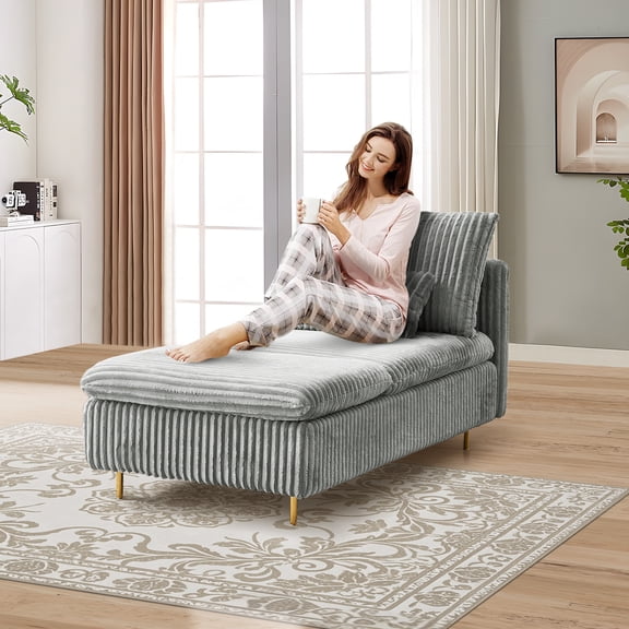 Youdao Modern 62.6" Corduroy Chaise Lounge Indoor with Golden Legs, Comfy Upholstered Sleeper Sofa Recliner with Support Pillow for Bedroom, Living Room, and Office,  Light Green