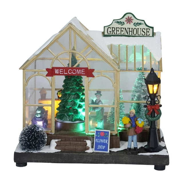 Casas navideñas, decoración navideña con luces LED y escena de invernadero, casas navideñas con música brillante, para decoración de mesa