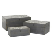 DecMode Floral Gray Wood Decorative Box with Hinged Lid, 3 Count