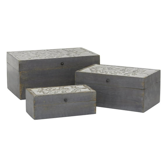 DecMode Floral Gray Wood Decorative Box with Hinged Lid, 3 Count
