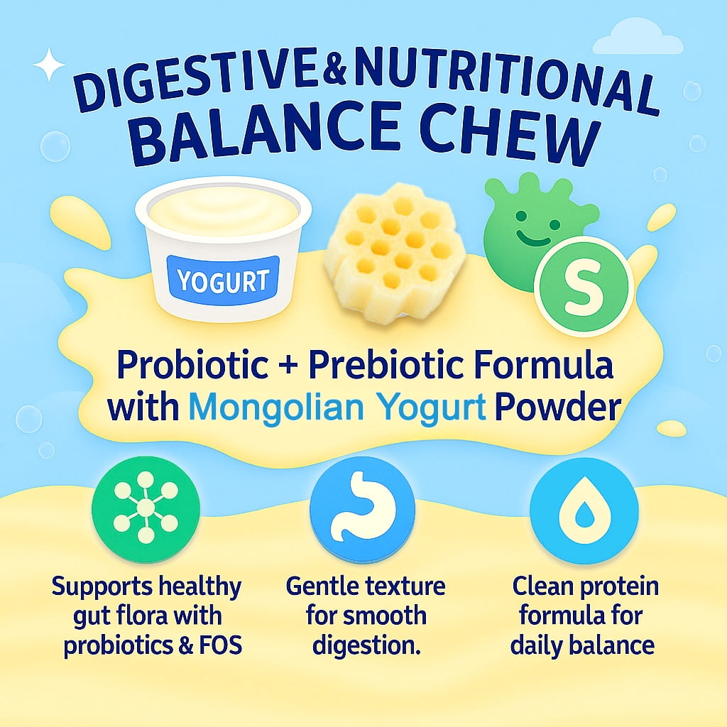 Fabrechew KI-You Mongolian Yogurt Dog TREATS with Probiotics & Prebiotics, Soft Honeycomb Dental Care