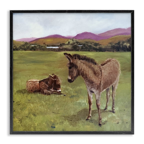 Donkey Duo in Pasture Black Framed Giclee Art, design by Patricia Reynolds