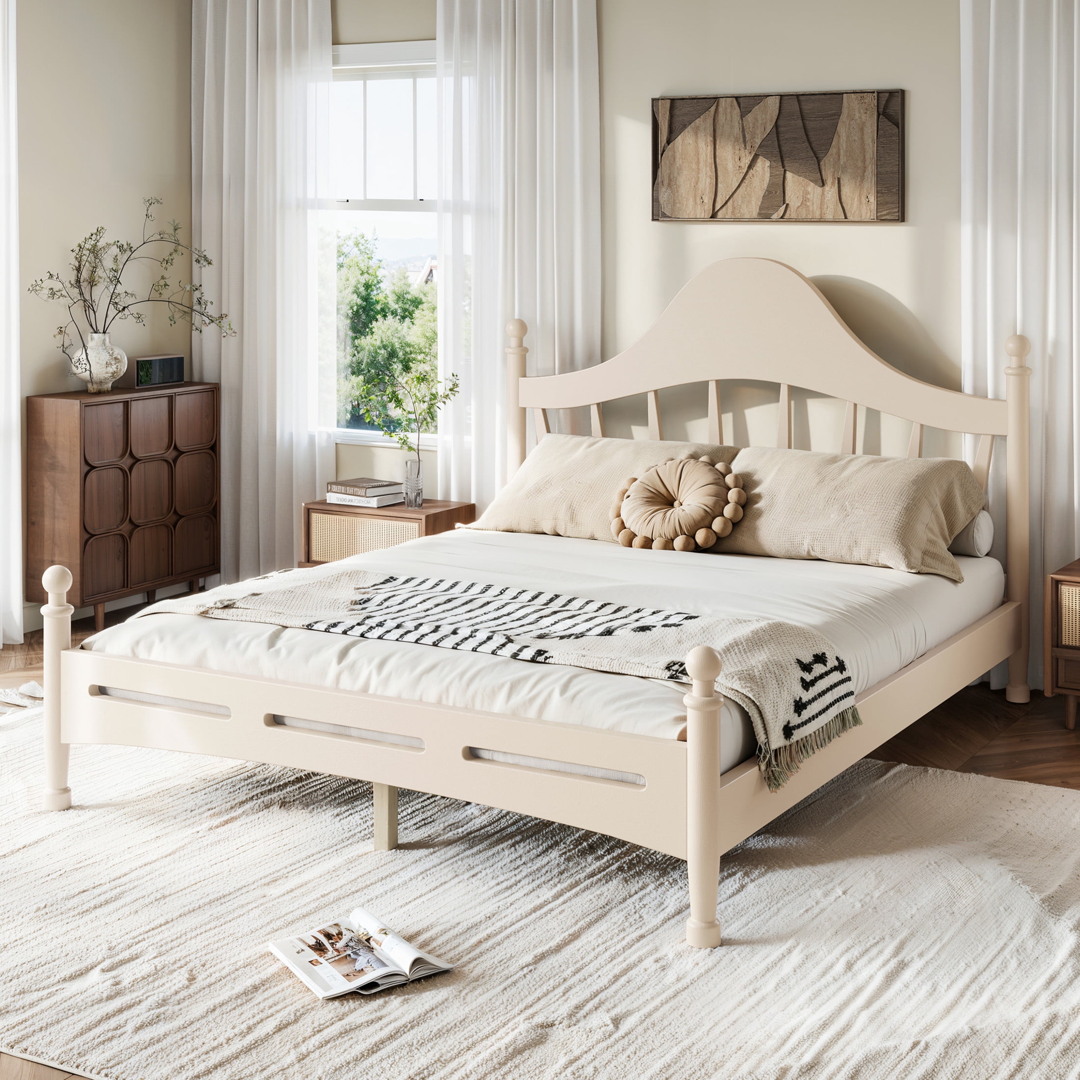GDF Studio Queen Size Platform Bed with Curved Headboard, Solid Pine Frame, Slatted Support, Beige