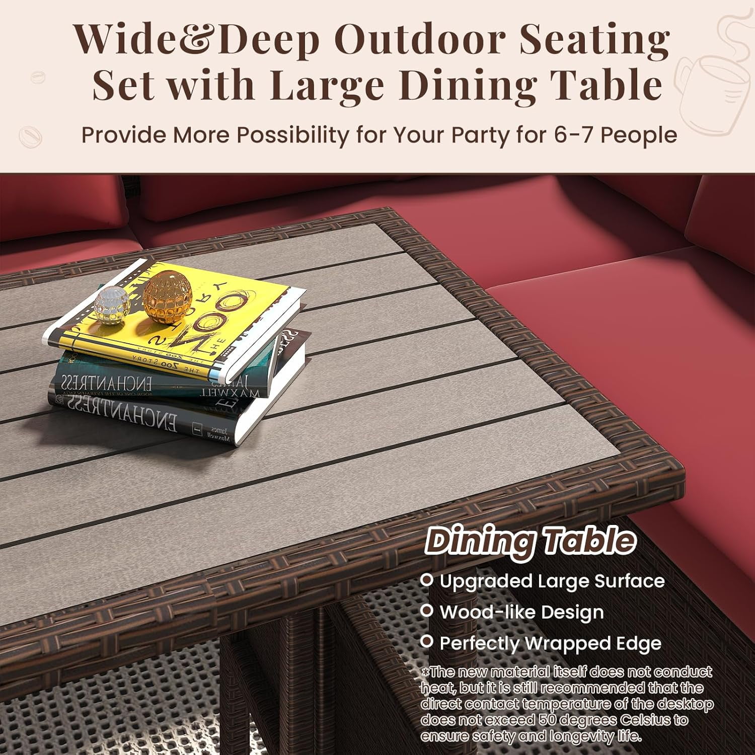 AECOJOY Outdoor Furniture Set, 7-Piece Rattan Wicker Patio Dining Conversation Set, Wine Red