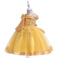 thumbnail image 4 of Zpanxa Toddler Girls Princess Dress, Little Girls Party Wedding Dress, Lace Bowknot Off Shoulder Pleated Dress, Kids Pageant Flower Girl Sleeveless Dress, Birthday Gifts for Girls Yellow (9-10 Years), 4 of 8