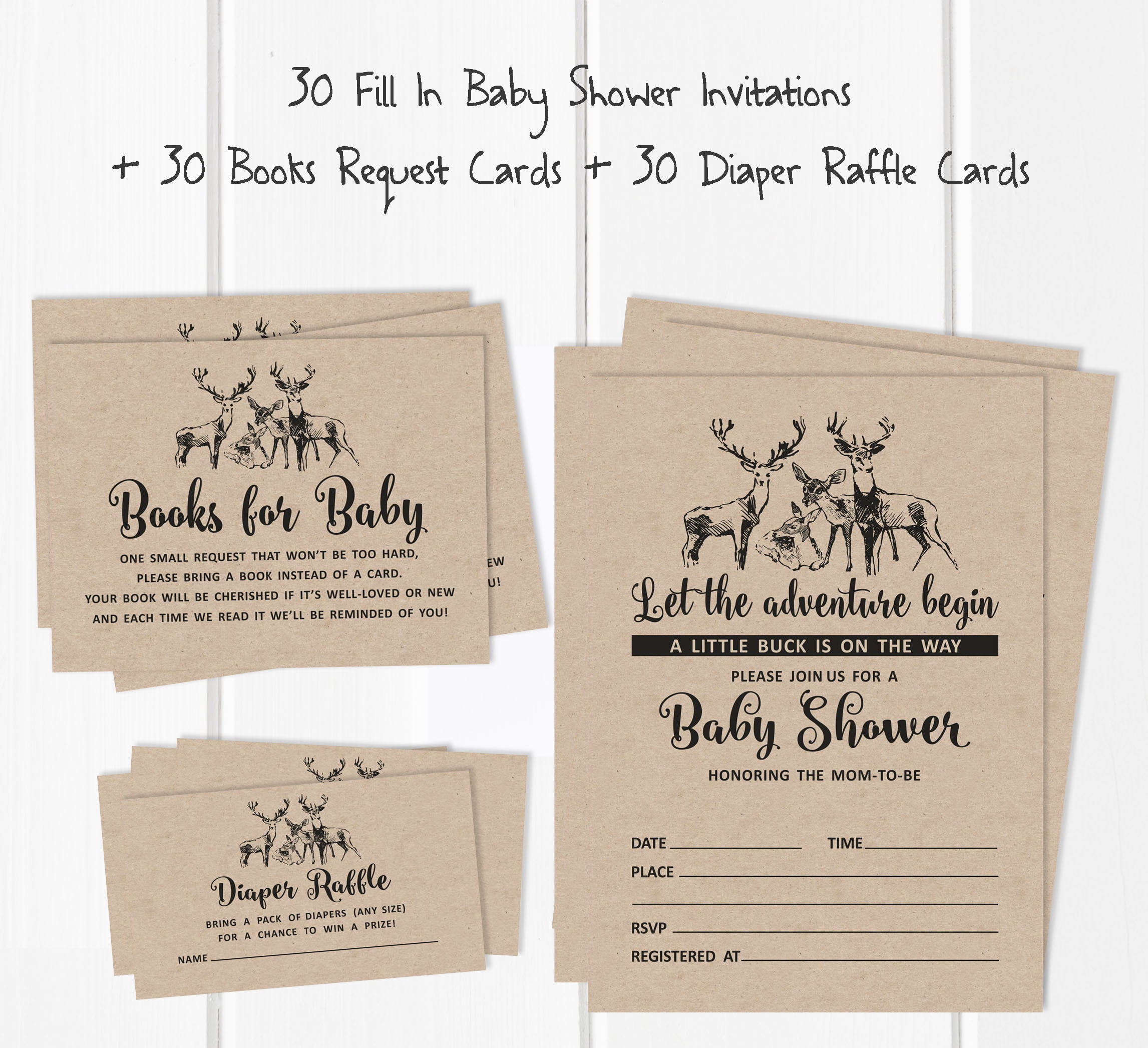 Inkdotpot Set Of 30Deer Jungle Animals Rustic Baby Shower Invitations-Diaper Raffle Tickets And Baby Shower Book Request Cards Invites Its A Boy Its A Girl