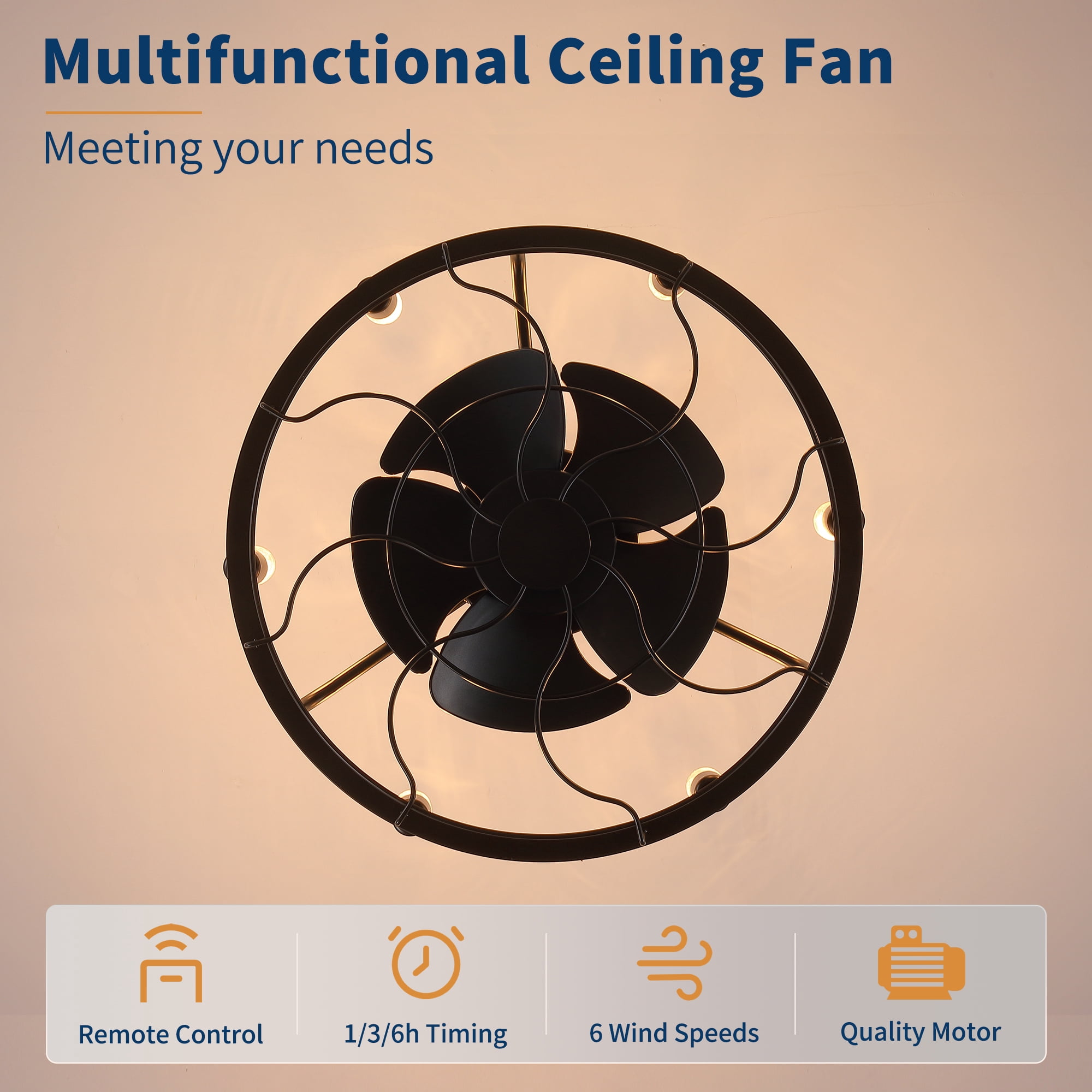Leumius 20" Industrial Ceiling Fan with Lights, Farmhouse Fandelier with 6 E12 Sockets, Reversible DC Motor, 6 Speeds Remote Control Ceiling Fan for Dining Room Kitchen Bedroom Matte Black