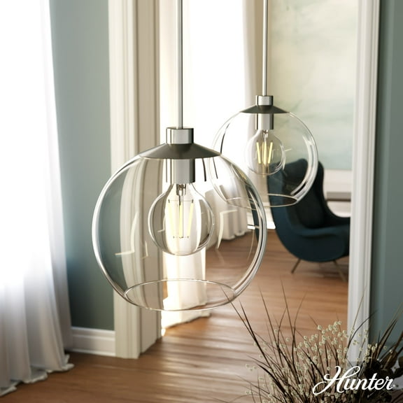 Hunter - Xidane 1-light Brushed Nickel, Medium Size Pendant Light, Dimmable, Mid Century Modern Style, Globe Shaped, for Bedrooms, Dining, Living Rooms - 19754