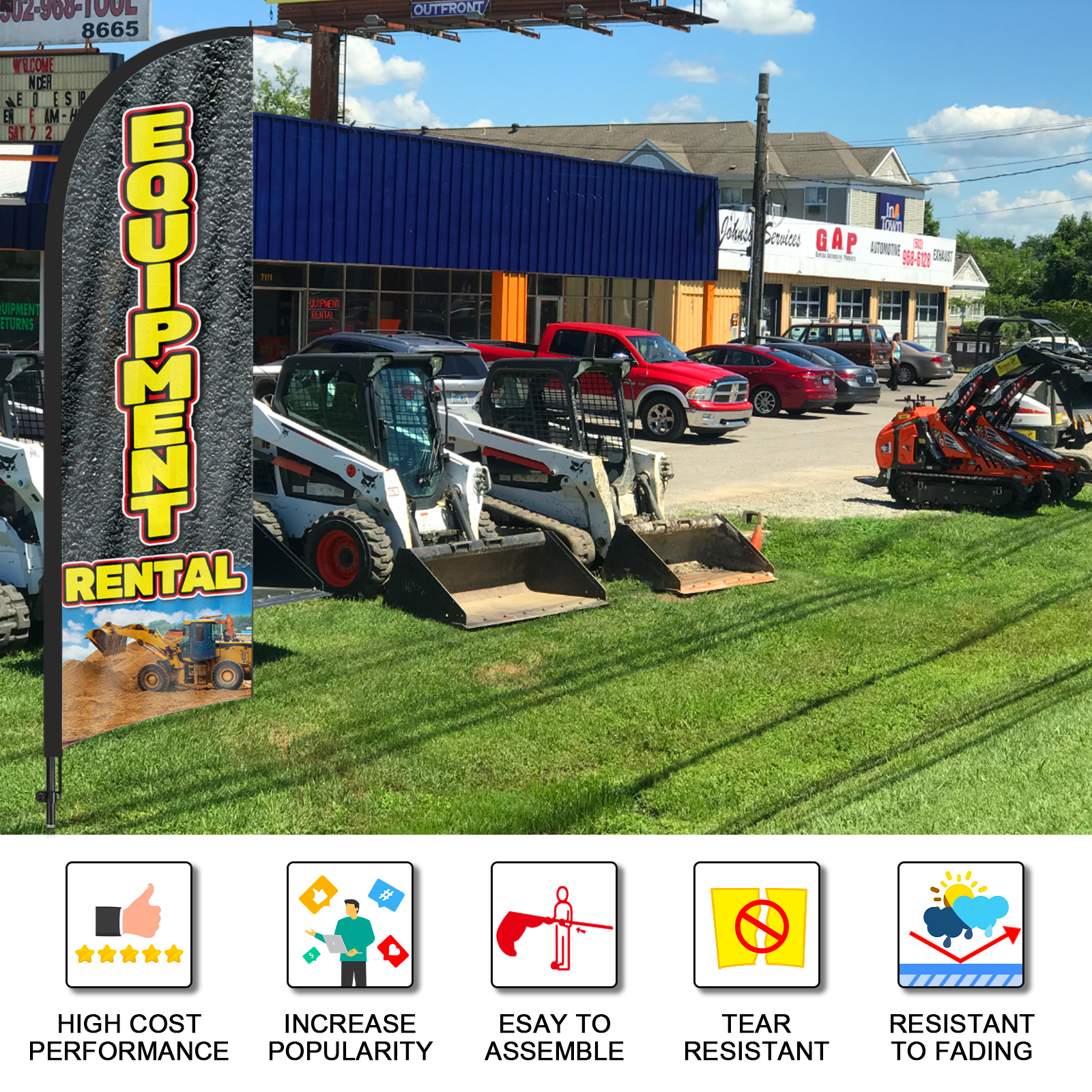 QSUM Equipment Rental Feather Flag with Flag Pole Kit and Ground Spike, 8.2FT Equipment Rental Windless Flag Banner Sign Business for Outdoor Advertising Sign Decoration Display