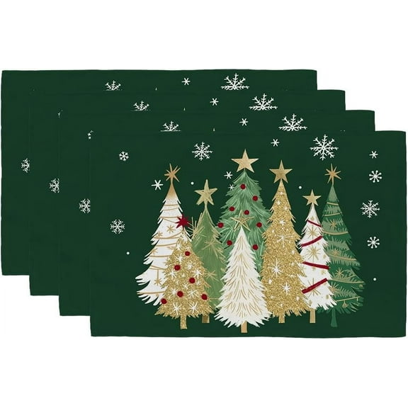 mubwai Christmas Placemats 12x18 Inch Set of 4, Xmas Trees Snowflakes Winter Seasonal Holiday Farmhouse Kitchen Dining Table Decoration for Indoor Outdoor Dinner Party Décor (Green) GP127-18