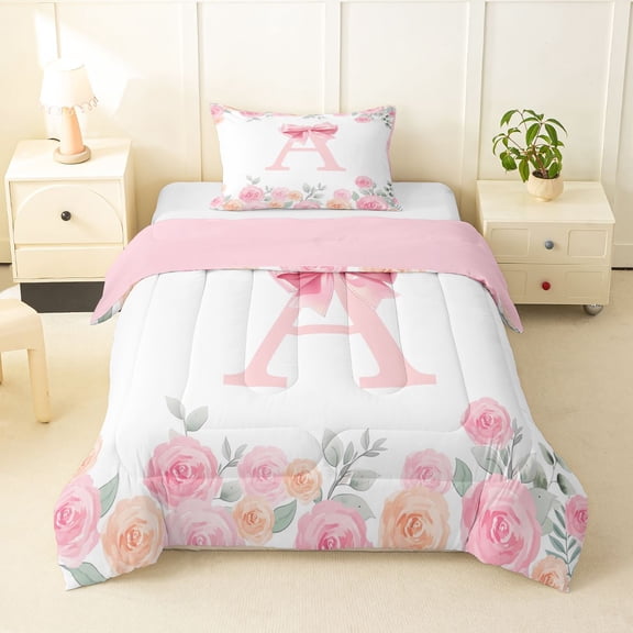 Manfei Lovely Bowtie Twin Comforter Sets,Kawaii Letter A Bedding Set,Pink,Pink Reversible,2-Piece,1 Comforter and 1 Pillowcase