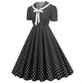 thumbnail image 2 of XFLWAM Women Notch Lapel 50s 60s Vintage Short Sleeve V-Neck Cocktail Swing Dress Polka Dot 1950s Rockabilly Prom Party Midi Dress Black M, 2 of 8