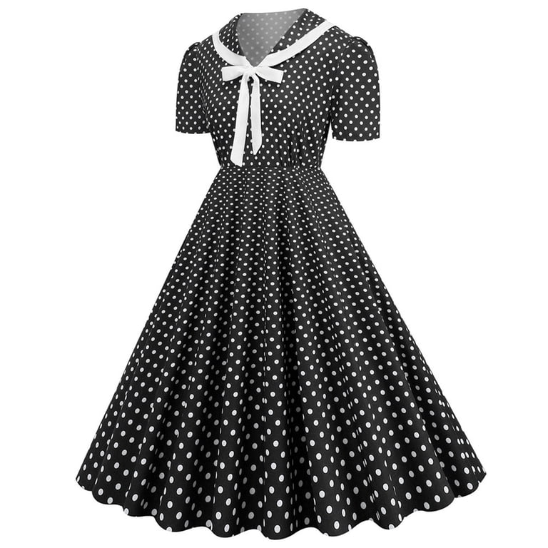 XFLWAM Women Notch Lapel 50s 60s Vintage Short Sleeve V-Neck Cocktail Swing  Dress Polka Dot 1950s Rockabilly Prom Party Midi Dress Black L - Walmart.com